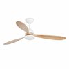 Ventilateur de plafond design POROS, blanc et pales bois, lumière chaude, télécommande
