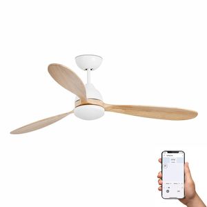 Ventilateur de plafond design POROS, blanc et pales bois, lumière chaude, compatible Alexa & Google et SIRI