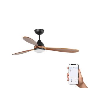 Ventilateur de plafond design POROS, noir et pales noyer , lumière chaude, compatible Alexa & Google et SIRI