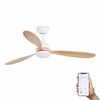 Ventilateur de plafond design POROS, blanc et pales bois, lumière chaude, compatible Alexa & Google et SIRI